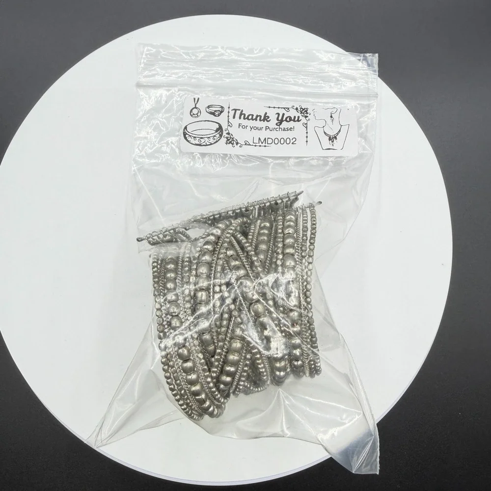 Silver Tone Multi Strand Beaded Wire Cuff Bracelet Boho Statement Festival Gift